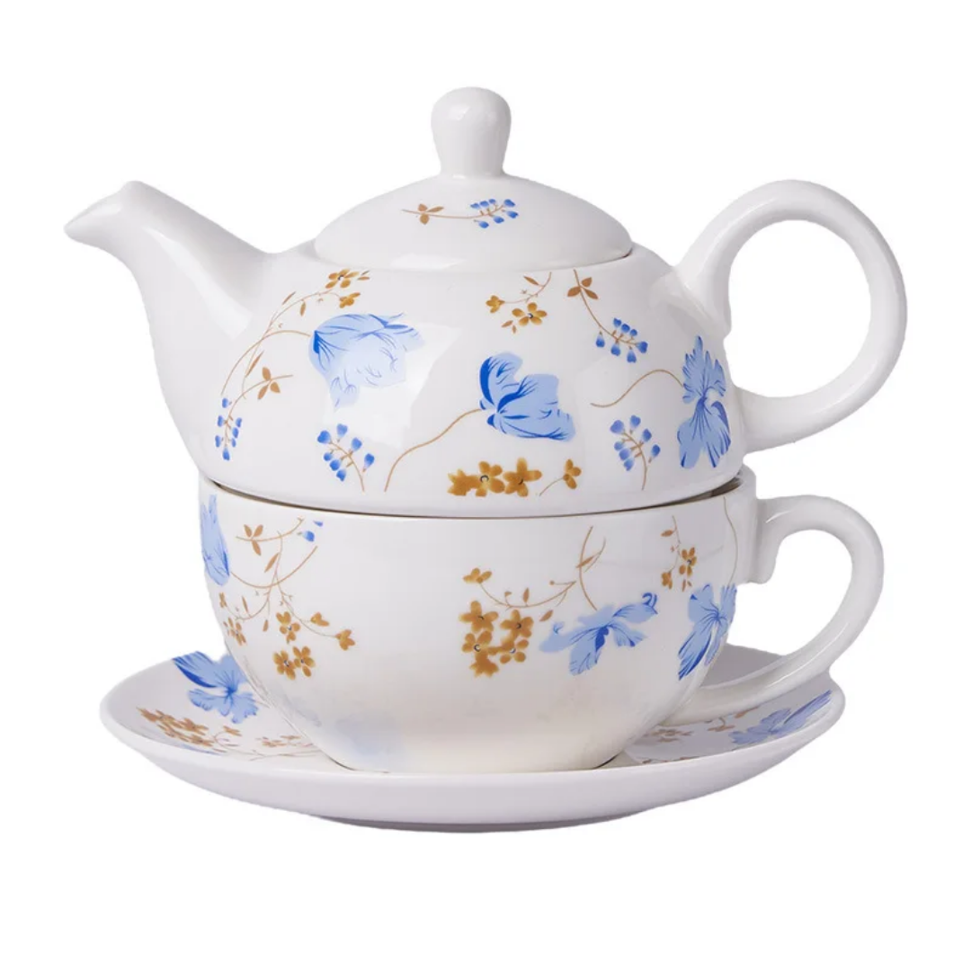 Porzellan-Tee-Set – 3-teiliges Set mit Kanne, Tasse & Untertasse im eleganten Blumendesign