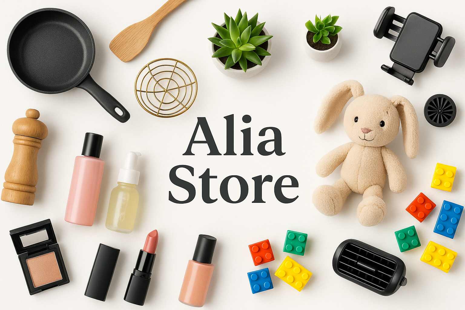 A clean and modern banner for an online store named Alia Store, showing home and kitchen products, beauty items, kids toys, and car accessories on a bright background