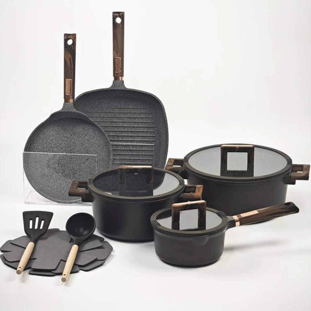 Granit Antihaft-Kochgeschirr-Set – 10-teiliges Luxus-Set mit Holzgriffen für Gas & Induktion