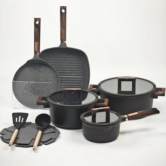 Granit Antihaft-Kochgeschirr-Set – 10-teiliges Luxus-Set mit Holzgriffen für Gas & Induktion