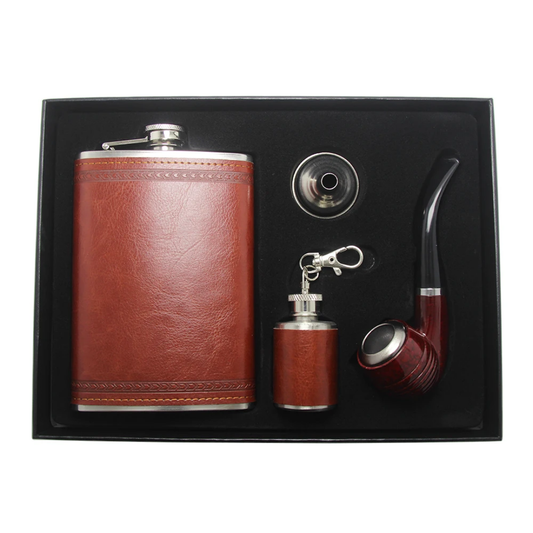 Geschenkset für Herren – Edelstahl-Flachmann mit Trichter, Mini-Flasche & Pfeife im Leder-Look