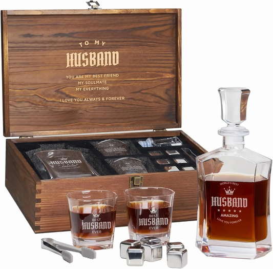 Luxus Whiskey Geschenkset – Kristallglas Karaffe & Gläser in edler Holzbox