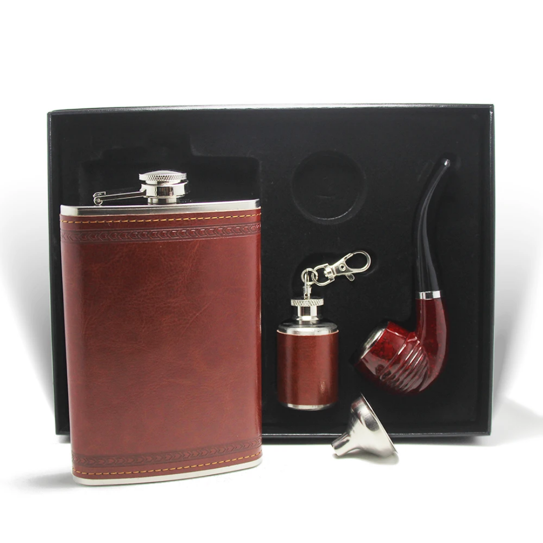 Geschenkset für Herren – Edelstahl-Flachmann mit Trichter, Mini-Flasche & Pfeife im Leder-Look