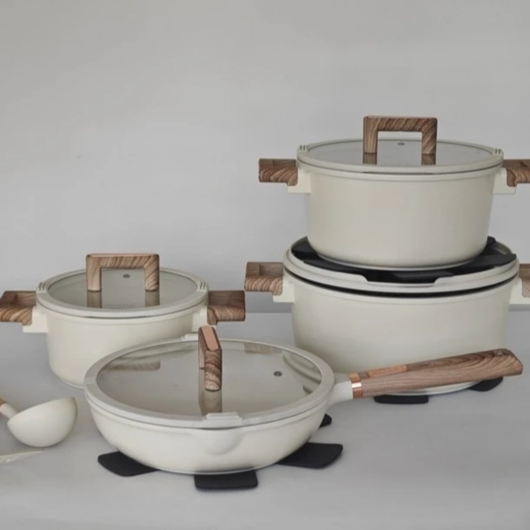 Granit Antihaft-Kochgeschirr-Set – 10-teiliges Luxus-Set mit Holzgriffen für Gas & Induktion